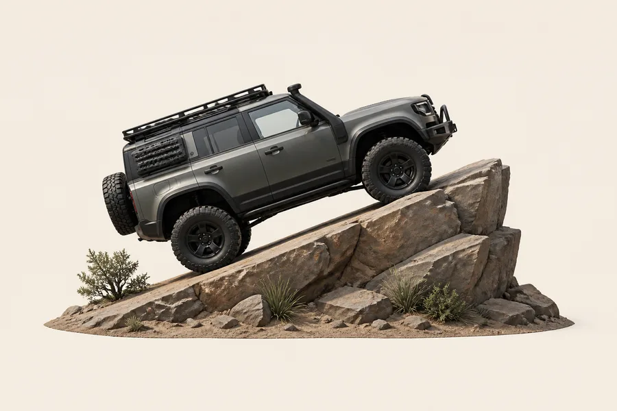 Four-wheel drive climbing a steep rock ledge