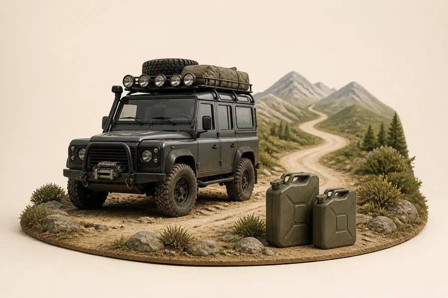 Expedition four-wheel drive with fuel cans on a long trail