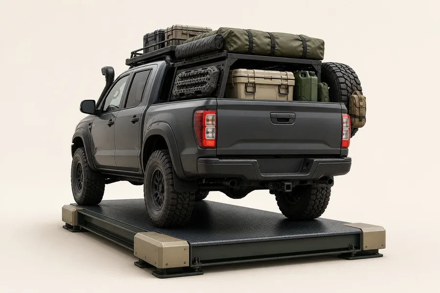 Loaded overlanding pickup on a weighing platform