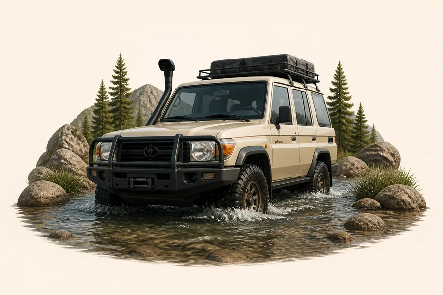 Snorkel-equipped four-wheel drive fording water