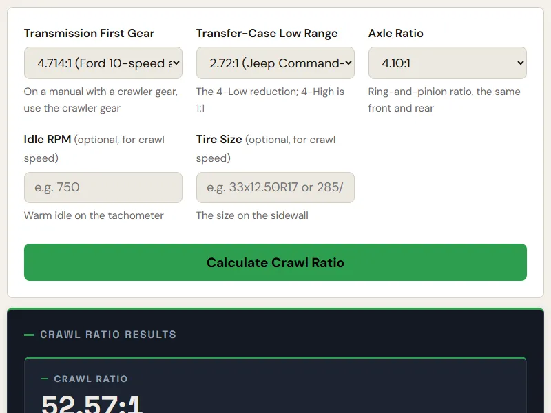 Preview of the embedded Crawl Ratio Calculator