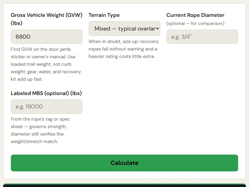 Preview of the embedded Kinetic Recovery Rope Size Calculator