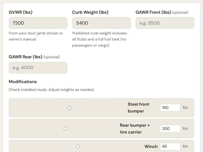Preview of the embedded Payload Capacity Calculator