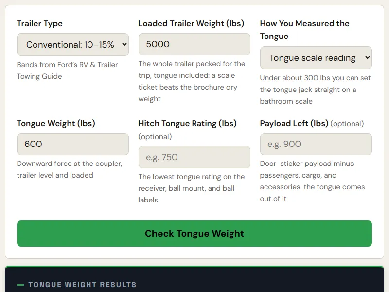 Preview of the embedded Trailer Tongue Weight Calculator