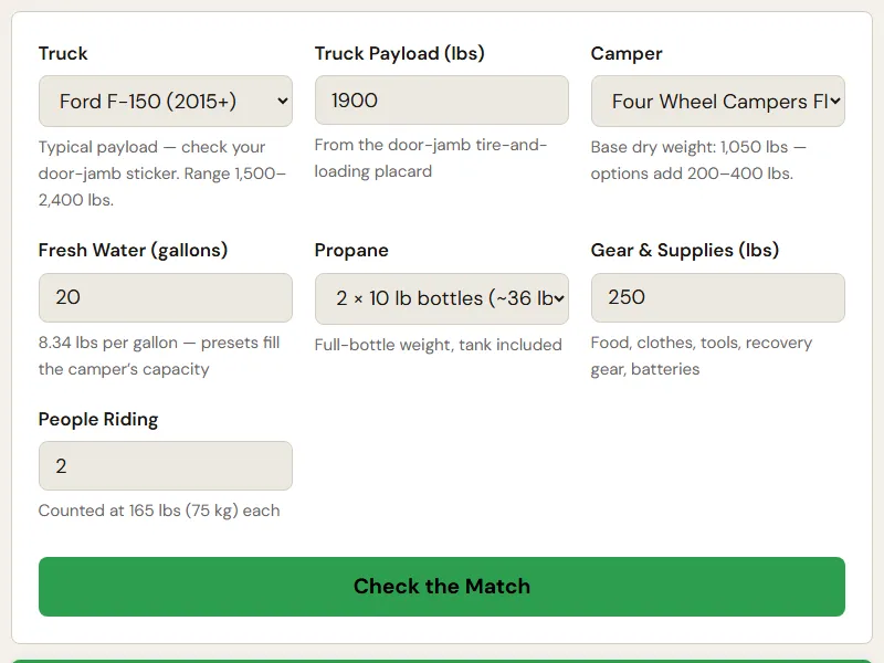 Preview of the embedded Truck Camper Compatibility Calculator