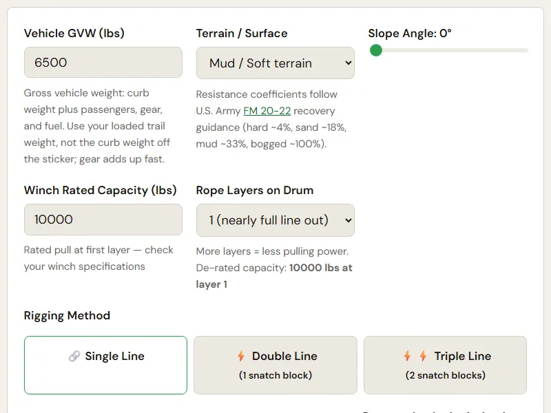 Preview of the embedded Winch Line Pull Calculator